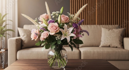 Softly lit floral bouquet on a coffee table before a neutral sofa