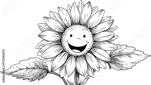 Happy Sunflower Drawing in Black and White