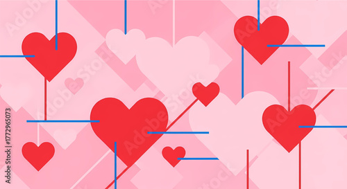 Abstract horizontal background featuring a pattern of red and pink hearts, interconnected by blue and red lines, conveying themes of love and connecti