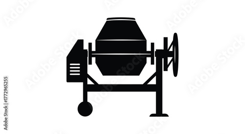 A stark black silhouette of a portable cement mixer on a white background representing construction and building equipment silhouette