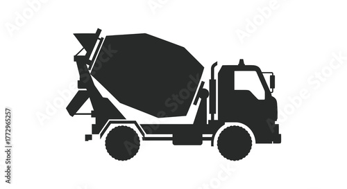 A stark black silhouette of a concrete mixer truck on a white background representing construction and industry silhouette