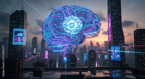 Fototapeta Naklejka Na Ścianę i Meble -  A futuristic cityscape at dusk illuminated by a colossal glowing orb of intricate blue and purple lights hovering above towering skyscrapers