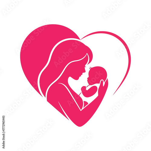 Mother holding baby silhouette inside heart shape, symbolizing love and family Vector, illustration