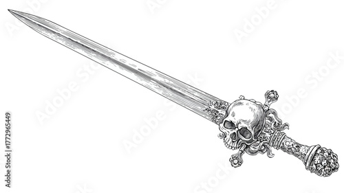 Skull and Sword Vector Illustration in Black and White