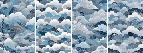 Seamless vector pattern inspired by Indonesian Batik Mega Mendung, soft blue and grey gradient clouds, modern reinterpretation, smooth curves, elegant minimalist style