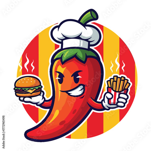 Spicy Chili Pepper Chef Mascot with Burger and Fries - Fast Food Logo