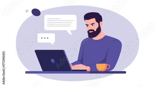 bearded man working on laptop with speech bubbles and coffee cup, representing online communication, remote work, and productivity