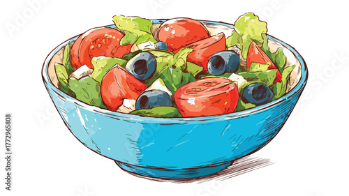 Blue Bowl Salad with Olives and Tomatoes - Fresh and Healthy Food Photography