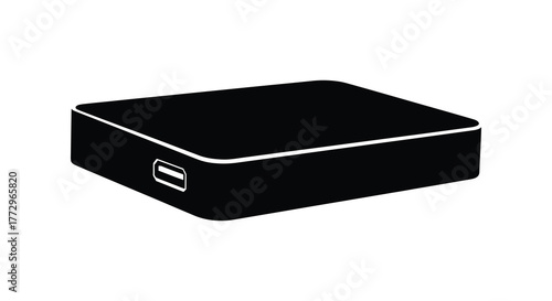 A simple black silhouette of a portable power bank with a usb port on the side against a white background silhouette