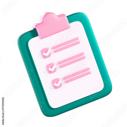 Cute 3D Green and Pink Icon Clipboard with Checklist Illustration