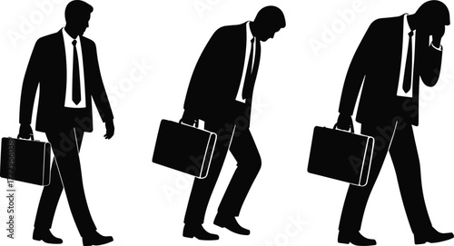 Businessman stress and exhaustion concept, silhouette office worker walking tired with briefcase, depression burnout corporate job problem vector illustration