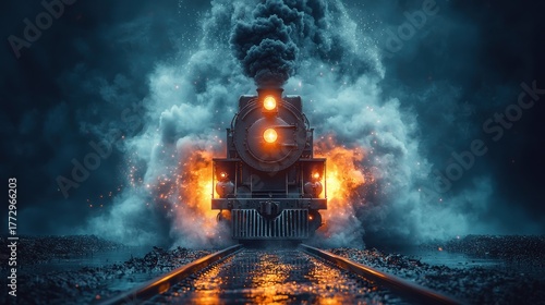 Steam train emerges from smoke and fire on tracks