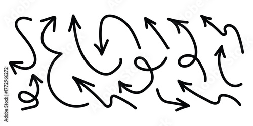 Black hand drawn arrows icon vector. Doodle sketch curved and swirly arrows symbol. vector illustration.