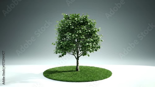 Vibrant Green Tree on Grass Patch against Neutral Gray Background