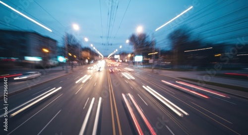 Streaking car lights blur on a busy highway at twilight