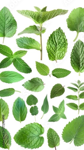 A group of fresh green leaves against a clean white background