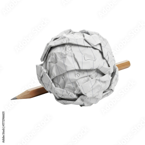 A crumpled ball of lined paper with a pencil running through it on a transparent background