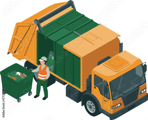 Isometric 3d illustration of garbage collection truck with sanitation worker loading green waste bin, waste management and recycling concept