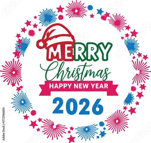 Happy New Year 2026 Merry Christmas flower emblem