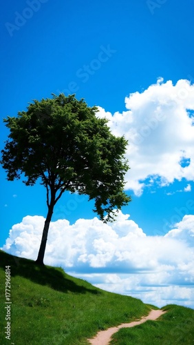 Single Tree on a Path Leading to a Vibrant Blue Sky with Fluffy White Clouds