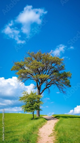 Single Tree on a Path Leading to a Vibrant Blue Sky with Fluffy White Clouds