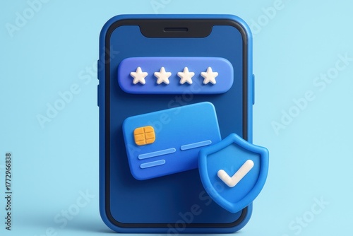 Stylized smartphone displaying secure payment elements PIN, credit card, shield