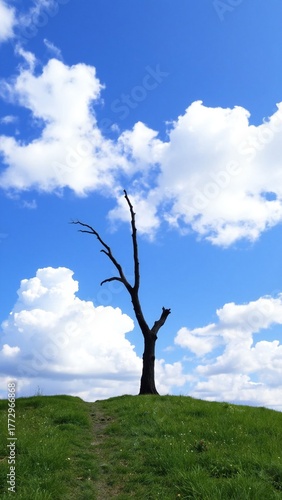 Single Tree on a Path Leading to a Vibrant Blue Sky with Fluffy White Clouds