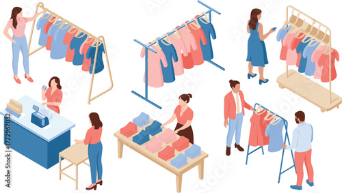 Isometric clothing store interior illustration, people shopping for stylish apparel, modern boutique fashion display racks, retail customers choosing trendy outfits, vector design