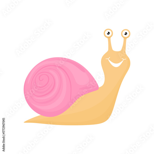 Cute funny smiling Snail. Kawaii adorable happy slow character in cartoon style. Amusing animal isolated on white background. Cute shell. Colored flat vector illustration