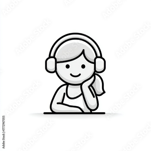  Cute cartoon girl with headphones, happy and relaxed, a minimalist icon for music or audio apps