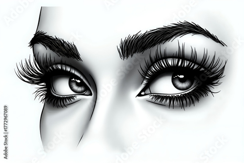 Woman's beautiful eyes with long lashes, a sensual and mysterious look, in a monochrome sketch