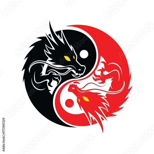 Yin yang symbol with black and red dragons representing balance and harmony Vector, illustration