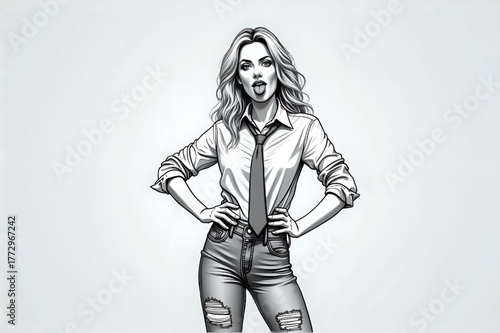 Playful woman with long hair sticking her tongue out, a cool and sassy look, in a monochrome sketch style