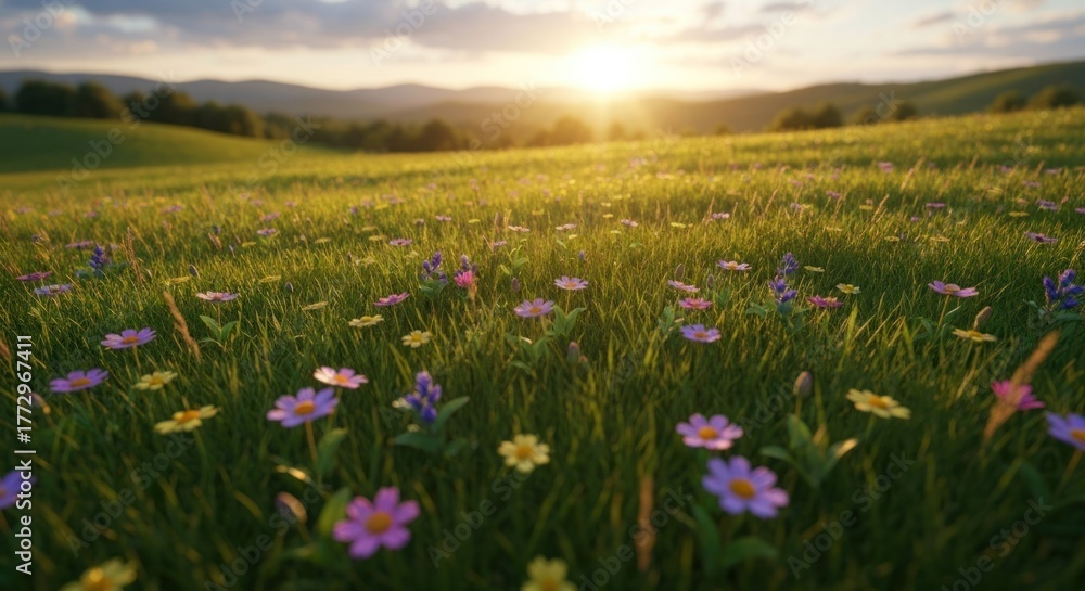 Fototapeta premium Sunlit meadow with vibrant wildflowers, rolling hills, and golden light