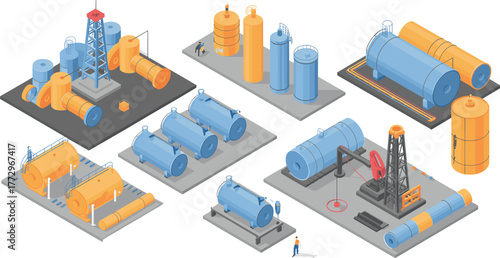 Isometric illustration of industrial oil refinery plant with storage tanks, pipelines, drilling rig, and pumpjack equipment for petroleum production