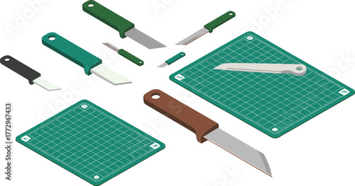 Isometric illustration of craft knives and cutting mats for hobby work, precision tools, DIY crafting equipment, artistic workshop design setup
