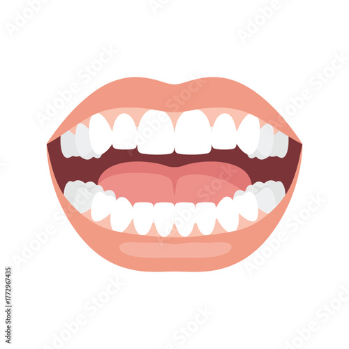 Open mouth with white healthy teeth, pink lips, and pink tongue illustration Vector, illustration