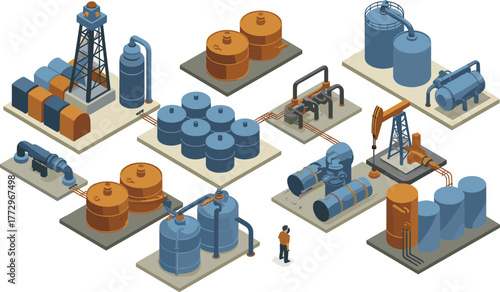 Isometric illustration of industrial oil refinery plant with storage tanks, pipelines, drilling rig, and pumpjack equipment for petroleum production