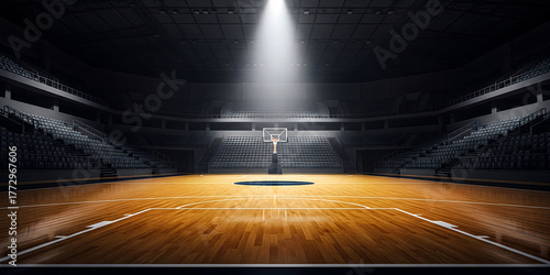 Indoor Basketball Court: Arena with Empty Seats, Hardwood Floor and Spotlight for Sporting Event