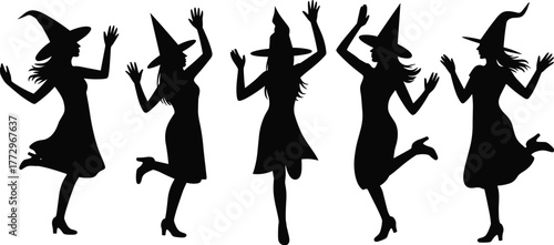 Dancing witch silhouettes in pointed hats, Halloween female characters, spooky celebration vector art for holiday party decoration and festive design