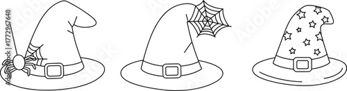 Cute witch hats with spider and cobweb decorations, Halloween magic costume elements, spooky vector art for holiday design and invitations