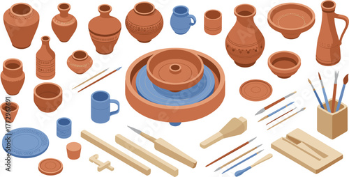 Isometric illustration of pottery workshop tools and clay vases with potter’s wheel, brushes, sculpting instruments, and handmade ceramic crafts