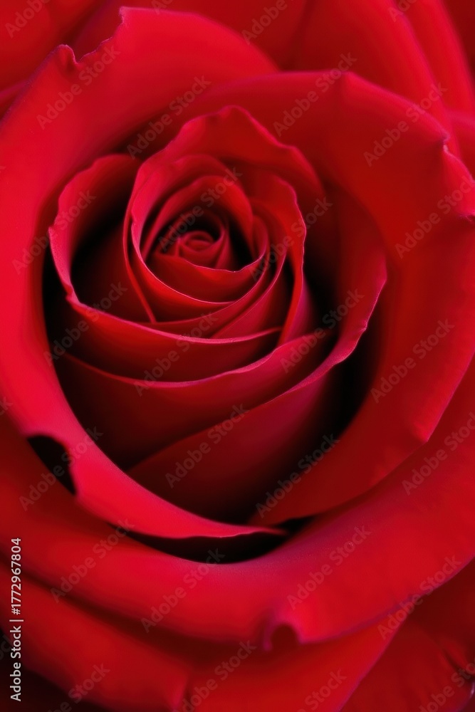 Obraz premium Captivating close up of a vibrant red rose revealing its intricate petal spiral, perfect for conveying passion and beauty.