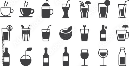 Beverages Icon Set, Smoothies Silhouettes, Protein Shake Detox Kombucha Sparkling Water Almond Milk Takeaway Bottle Vector Illustration