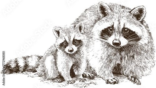 Cute Raccoon and Baby Vector Drawing with Outline Isolated