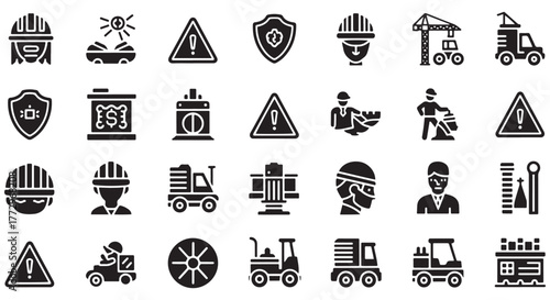 Construction site hazard glyph icon set. Vector pictograms of goggles, ear protection, respirator, mask, drill, emergency, assembly, fire, black sign silhouette illustration