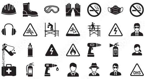 Construction site hazard glyph icon set. Vector pictograms of goggles, ear protection, respirator, mask, drill, emergency, assembly, fire, black sign silhouette illustration