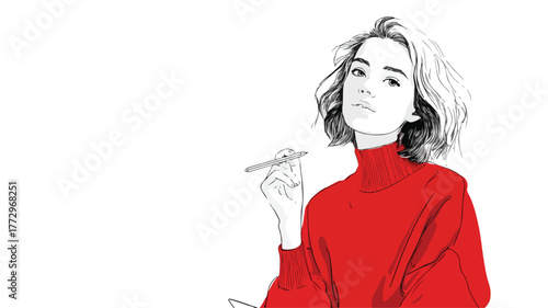 Illustration of Woman in Red Sweater Holding Pencil in Hair