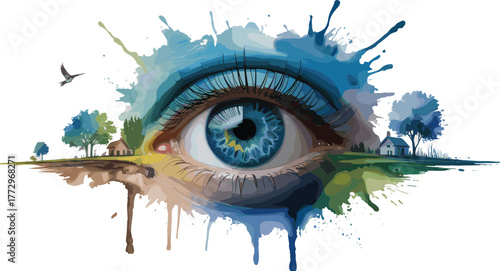 Surreal blue human eye with watercolor landscape, blending nature, imagination, art, freedom, creativity, vision, fantasy, dream, and artistic inspiration