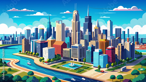 Very beautiful aerial panoramic view of Chicago, Illinois, USA, showcasing the stunning downtown skyline, Lake Michigan shoreline, and modern skyscrapers under a bright blue sky.